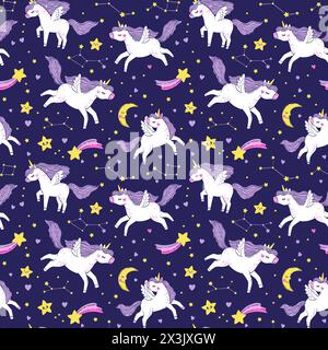 Motivo vettoriale senza cuciture di unicorni bianchi magici sul cielo stellato. Illustrazione disegnata a mano di un unicorno, una costellazione e una luna crescente Illustrazione Vettoriale