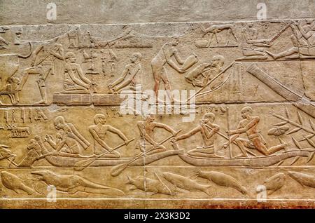 Rilievi, Mastaba di Kagemni, Necropoli di Saqqara, Sito Patrimonio dell'Umanità dell'UNESCO, Saqqara, Egitto Foto Stock