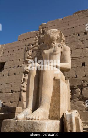 Colosso di Thutmosis III, ottavo pilone, complesso del tempio di Karnak, sito patrimonio dell'umanità dell'UNESCO, Luxor, Egitto Foto Stock