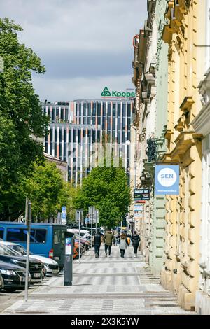 La via del quartiere Karlin di Praga con edifici storici. Foto Stock