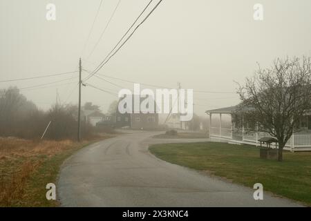Una strada nella nebbia a Beals Island, Maine Foto Stock