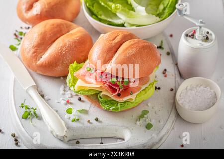 Panino fresco e delizioso a base di prosciutto, formaggio e verdure. Sandwich con formaggio e prosciutto. Foto Stock