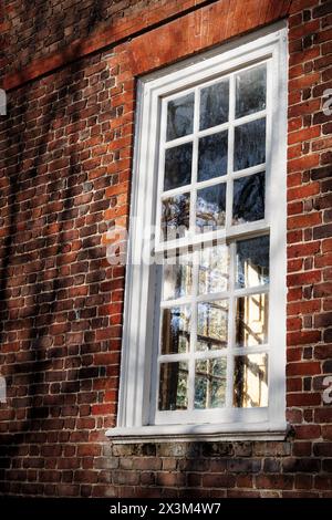 Guardando le ombre si getta sull'otturatore interno di una casa a Colonial Williamsburg, Virginia. Foto Stock