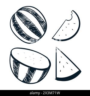 Set di disegni di frutta di anguria Vector Watermelon Scribbles Doodle icons. Vettoriale dell'anguria Illustrazione Vettoriale