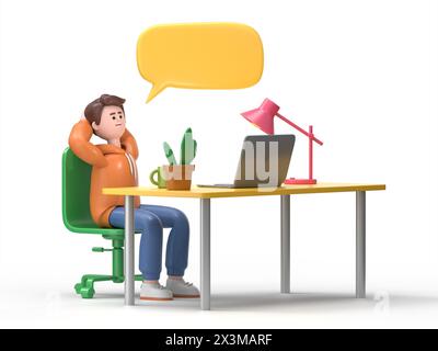 Illustrazione in 3D del sorriso di Guy Qadir Business dipendente annoiato al lavoro. Concetto di vita lavorativa in ufficio. Rendering 3D su sfondo bianco. Foto Stock