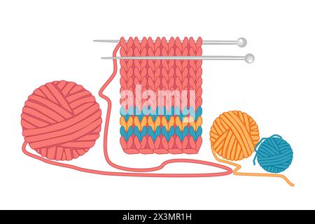 Maglieria, palla di filati e aghi. Simbolo di hobby, ricamo, compiti.utensili per maglieria, andicraft, uncinetto, illustrazione Hand-knitting.Vector Illustrazione Vettoriale