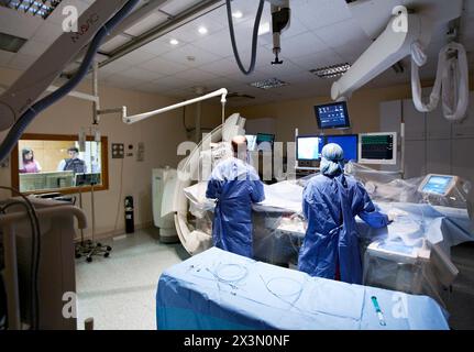 La cateterizzazione coronarica, emodinamica. Ospedale Policlinica Gipuzkoa, San Sebastian, Donostia, Euskadi, Spagna Foto Stock