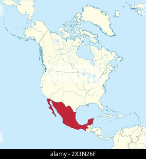 Mappa rossa DEL MESSICO all'interno della mappa beige del continente nordamericano Illustrazione Vettoriale