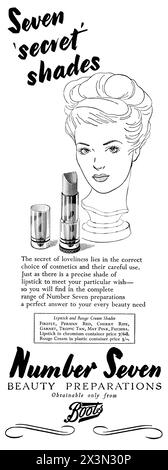 1950 pubblicità britannica per gli stivali numero sette preparativi di bellezza. Foto Stock