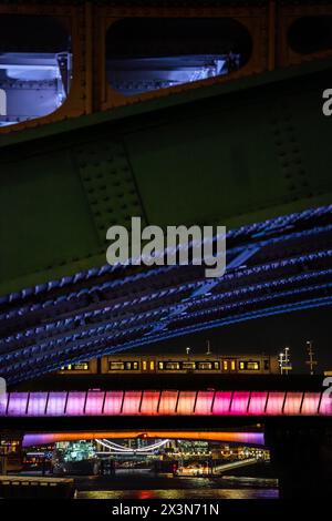 Dettagli dei rivetti e della struttura in acciaio di un ponte di Londra e di un treno notturno che passa sopra un altro ponte illuminato da futuristiche luci viola Foto Stock