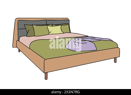 Elegante e moderno letto verde con cuscini colorati. Illustrazione Vettoriale