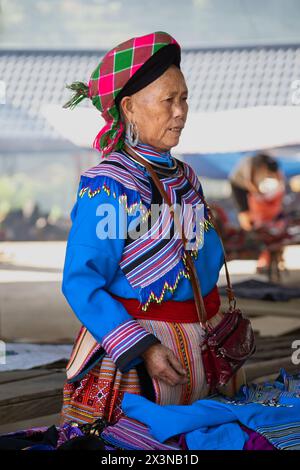 Ritratto di una donna Hmong di fiori al mercato di CAN Cau nella provincia di Lao Cai, Vietnam Foto Stock