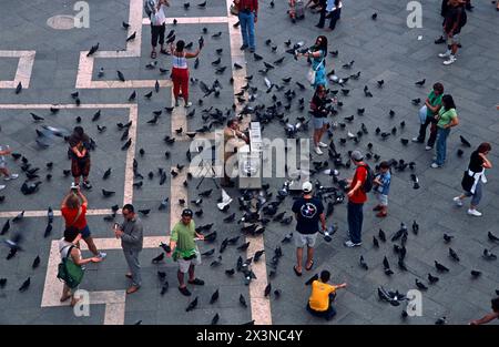 Gente che dà da mangiare ai piccioni, Piazza San Marco, Venezia, Italia Foto Stock