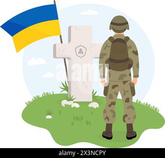 Soldato militare di fronte alla tomba croce con bandiera Ucraina giallo-blu in erba. Memorial Day. Cimitero militare dei veterani. Illustrazione vettoriale in fl Illustrazione Vettoriale