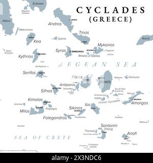 Cicladi, gruppo di isole greche nel Mar Egeo, mappa politica grigia. Sud-est della Grecia continentale. Foto Stock