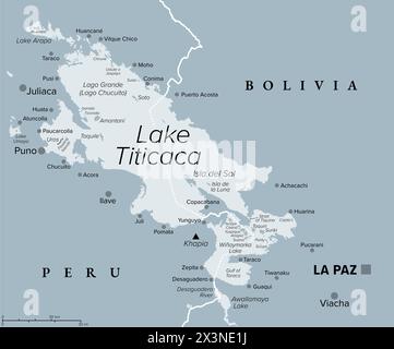 Lago Titicaca, mappa politica grigia. Grande lago di acqua dolce sulle Ande al confine tra Bolivia e Perù. Foto Stock