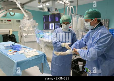 Preparazione chirurgica, pianificazione, Neuroradiologia interventistica, sala operatoria, reparto di radiologia, ospedale Donostia, San Sebastian, Donostia Foto Stock