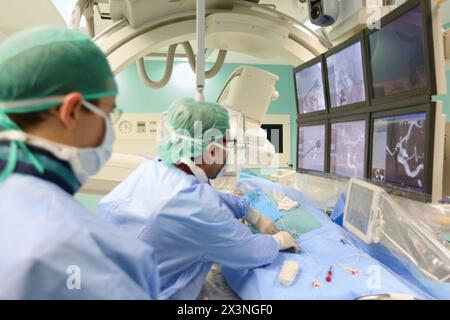 Embolizzazione di aneurisma cerebrale, angiografia Willis polygone, Neuroradiologia interventistica, reparto di radiologia, ospedale Donostia, San Sebastian, fallo Foto Stock