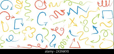 Set di icone frecce tracciate a mano con gesso. Libero da linee curve diverse, frecce orientabili. Disegnare marcatori Doodle, puntatori di direzione. Illustrazione vettoriale Illustrazione Vettoriale