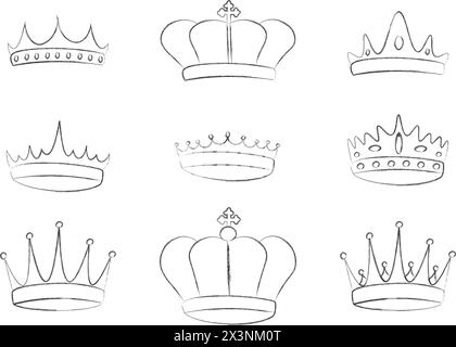 Set di gesso elegante corona reale. Simboli reali imperiali dell'incoronazione. Icone isolate nello stile di pittura della texture del tratto di pennello. Illustrazione vettoriale Illustrazione Vettoriale