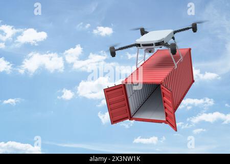 rendering 3d di un quadricottero con telecamera che trasporta un piccolo contenitore di carico rosso vuoto aperto nel cielo blu. Foto Stock