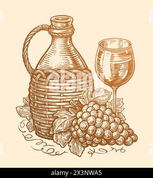 Bottiglia o brocca di vino con bicchiere di vino e grappoli di uva. Schizzo di natura morta. Illustrazione vettoriale nello stile del disegno artistico Illustrazione Vettoriale