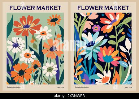 Set di poster illustrativi astratti per il mercato dei fiori. Illustrazione Vettoriale