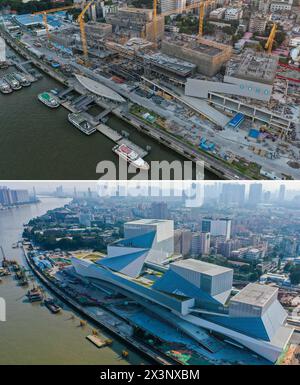 (240428) -- GUANGZHOU, 28 aprile 2024 (Xinhua) -- questa foto combinata mostra il Bai'etan Greater Bay area Art Center in costruzione a Guangzhou, nella provincia del Guangdong della Cina meridionale, rispettivamente il 1° dicembre 2021 (sopra) e il 25 novembre 2023 (foto scattata dal fotografo Xinhua Liu Dawei). Sede del Museo d'Arte Guangdong, del Centro espositivo del Patrimonio culturale immateriale Guangdong e della sala della Letteratura Guangdong, il centro d'arte aprirà al pubblico il 1° maggio 2024. (Xinhua) Foto Stock