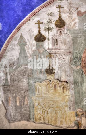 Affreschi interni, Cattedrale della Natività (1222), Cremlino, sito patrimonio dell'umanità dell'UNESCO, Suzdal, Oblast' di Vladimir, Russia Foto Stock