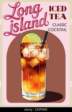 Long Island Iced Tea cocktail poster retrò. Illustrazione Vettoriale