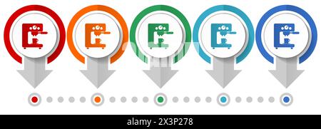 Set di icone vettoriali per macchine da caffè, modello infografico di design piatto, impostare icone di concetto puntatore in 5 colori per la progettazione Web e applicazioni mobili Illustrazione Vettoriale