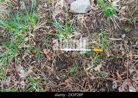 Siringa usata che è stata scartata in una testata nelle White Mountains del New Hampshire durante i mesi primaverili. Non è noto cosa questa siringa W. Foto Stock