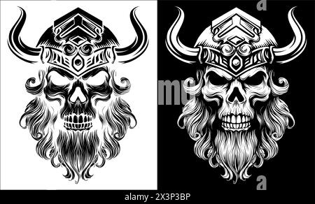 Viking Warrior Skull Man Mascot Face in casco Illustrazione Vettoriale