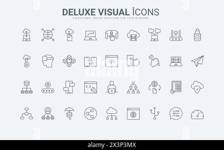 Modello e algoritmo del diagramma di flusso, finestra del browser e impostazioni dell'app mobile, test del cloud con simboli di contorno neri e rossi sottili, illustrazione vettoriale. Set di icone della linea architettura e del sistema dati di rete. Illustrazione Vettoriale