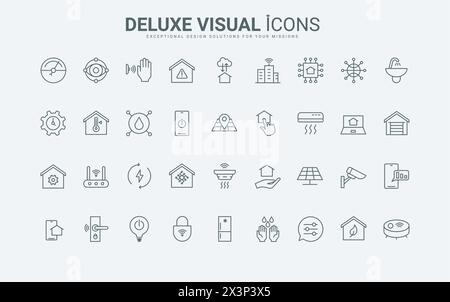 Delineare il sistema tecnologico per interni con sensori che controllano il calore e la luce, serrano la porta dell'edificio e l'elettricità, gestiscono gli elettrodomestici. Le icone sottili nere e rosse di Smart Home impostano l'illustrazione vettoriale Illustrazione Vettoriale
