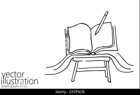 Libro didattico sull'arte su una linea continua. Learning Apps master laurea in accademia online. Progettare un vettore di disegno con un tratto di schizzo Illustrazione Vettoriale