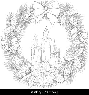 Candele di Natale. Tre candele bianche decorate con ghirlande natalizie. Bruciare le candele di Capodanno. Decorazioni natalizie. Pagina da colorare. Illustrazione vettoriale isolata su sfondo bianco. Illustrazione Vettoriale