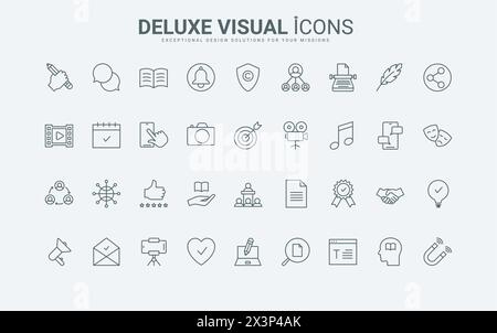 Delineare i simboli di marketing, la protezione del copyright delle idee degli autori, i follower del blog. Storytelling, creazione di contenuti e pubblicazione nei social media sottili icone di linea nera e rossa creano un'illustrazione vettoriale Illustrazione Vettoriale