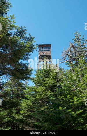 Vecchia torre antincendio in acciaio accanto alla capanna Smarts Mountain, situata lungo il Lambert Ridge Trail (segmento dell'Appalachian Trail), sulla Smarts Mountain Foto Stock