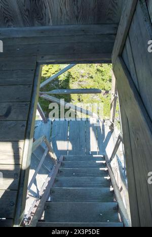 Vecchia torre antincendio in acciaio accanto alla capanna Smarts Mountain, situata lungo il Lambert Ridge Trail (segmento dell'Appalachian Trail), sulla Smarts Mountain Foto Stock