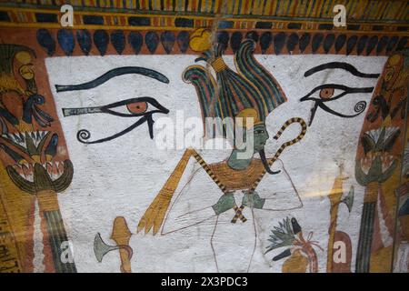 Dipinti murali, Tomba di Sennedjem, TT1, Deir el-Medina, Antica Tebe, sito patrimonio dell'umanità dell'UNESCO, Luxor, Egitto Foto Stock