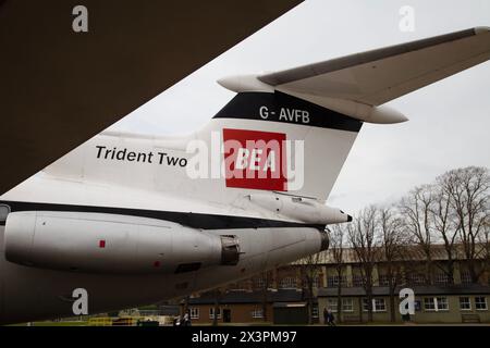 BEA Logo sulla coda di un Hawker Siddeley Trident 2E, una compagnia aerea britannica a fusoliera stretta introdotta nel 1964. IWM, Duxford, Regno Unito Foto Stock