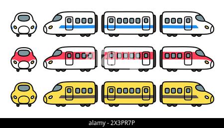 Set di disegni dei cartoni animati del treno proiettile ad alta velocità. Simpatico e semplice scarabocchio disegnato a mano, illustrazione vettoriale. Illustrazione Vettoriale