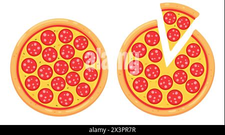 Pizza al peperoni, intera e con fette. Semplice illustrazione vettoriale in stile cartoni animati. Illustrazione Vettoriale