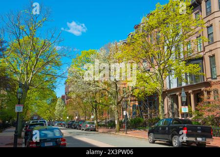 Storiche residenze cittadine residenziali in Marlborough Street tra Berkeley Street e Arlington Street nel quartiere Back Bay, città di Boston, Massachusetts Foto Stock