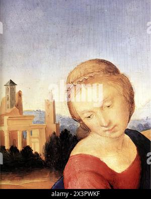 RAFFAELLO Sanzio (1483, Urbino, 1520, Roma) Madonna col bambino e il bambino con San Giovanni (dettaglio) 1508 Tempera e olio su legno Museo delle Belle Arti di Budapest Raffaello, forse il maestro più popolare e apprezzato dell'Italia rinascimentale, fu un uomo di molti talenti. Succedette a Bramante come architetto di San Pietro e fu geometra degli scavi delle antichità dell'antica Roma, oltre a produrre affreschi monumentali e straordinarie composizioni religiose e ritratti. È come pittore di Madonne, tuttavia, che è più conosciuto, e la sua popolarità senza rivali con successo Foto Stock