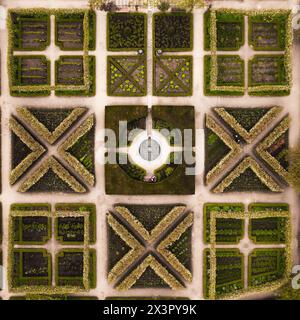 Vista dall'alto direttamente sopra file di aiuole di fiori paesaggistiche in un giardino formale all'inglese con giochi d'acqua Foto Stock