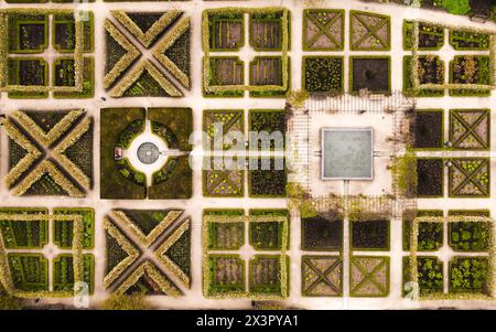 Vista dall'alto direttamente sopra file di aiuole di fiori paesaggistiche in un giardino formale all'inglese con giochi d'acqua Foto Stock