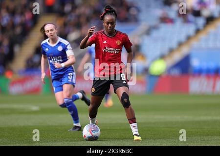 King Power Stadium, Leicester, domenica 28 aprile 2024. Melvine Malard del Manchester United durante il Barclays WomenÕs Super League match tra Leicester City e Manchester United al King Power Stadium di Leicester domenica 28 aprile 2024. (Crediti: James Holyoak / Alamy Live News) Foto Stock