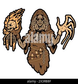 Emblema della strega forestale. La Strega malvagia ha uno scheletro in fiamme. Badge e patch sui vestiti. Halloween. Immagine vettore stock Illustrazione Vettoriale